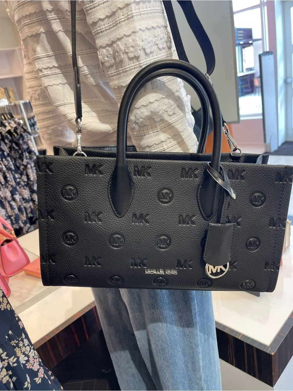 Michael Kors Mirella Md Logo Debossed EW Top Zip Satchel Shoulder Tote Black NWT
